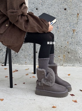 。656-002 洋气两穿毛毛厚底加厚时尚雪地靴女新款保暖皮带扣棉靴