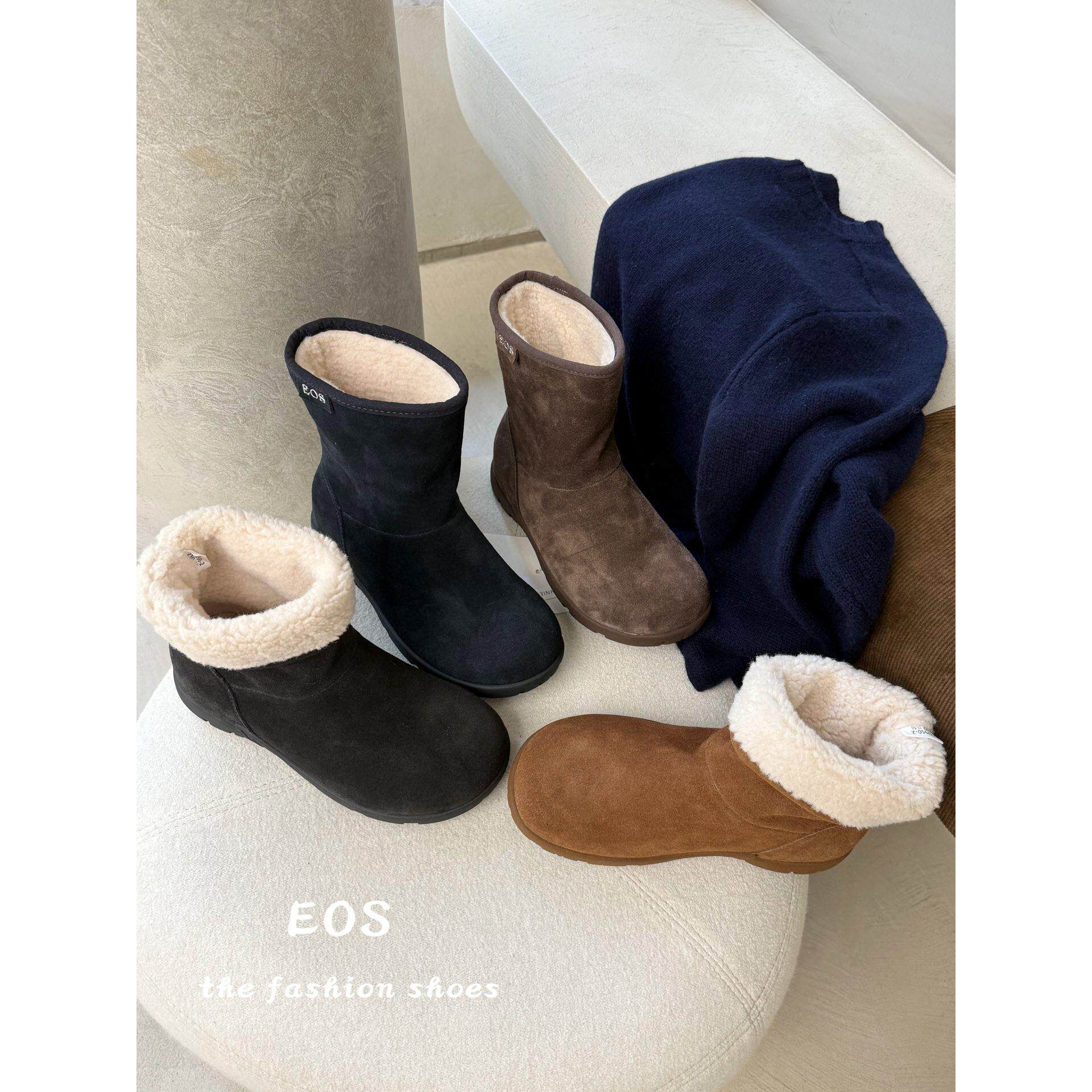 。EOS女棉鞋面包雪地靴冬加绒加厚中筒勃肯短靴翻折棉鞋82950-2