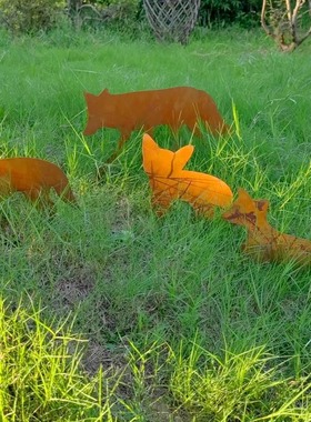 狐狸家庭铁艺摆件花园装饰地桩户外园林景观狐狸剪影野生动物雕塑