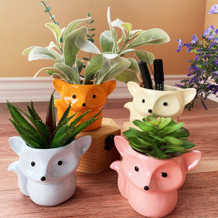 呆萌可爱的狐狸小笔筒树脂花盆多肉植物种植盆适用于阳台露台园艺