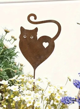 花盆景观或花园草坪地插件猫剪影金属花园桩生锈艺术庭院铁艺摆件