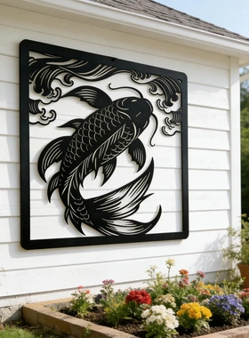 金属鲤鱼跃龙门锦鲤玄关书房招财风水壁画铁艺镂空墙面装饰画