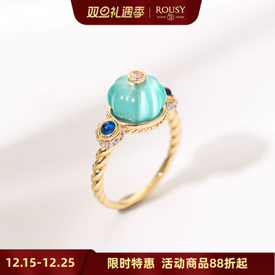 《薄荷糖》复古设计高级感宫廷薄荷曼波色猫眼石纯银镀金戒指环女