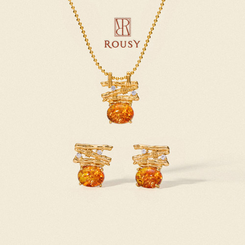 《琥珀鎏金》ROUSY复古原创设计感小众花珀s925银项链耳钉女礼物
