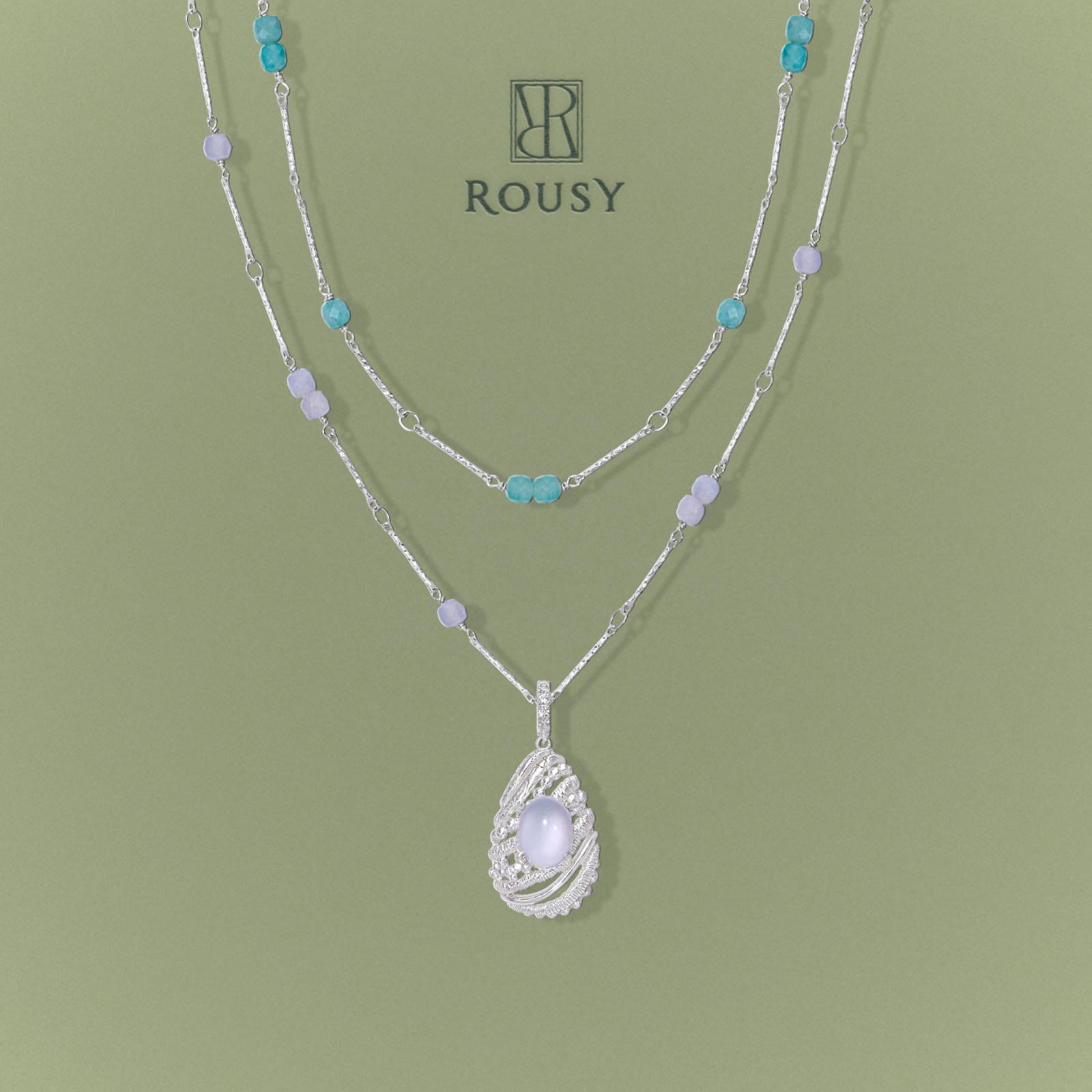 《蕾丝图鉴：潮汐》ROUSY复古设计叠戴串珠项链蓝玉髓银吊坠女图片