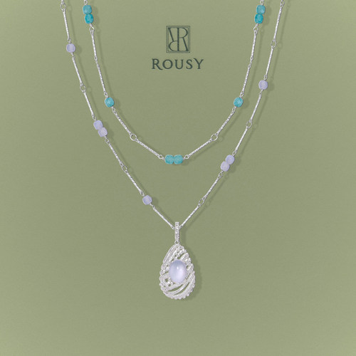 《蕾丝图鉴：潮汐》ROUSY复古设计叠戴串珠项链蓝玉髓银吊坠女