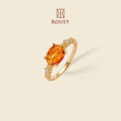 《琥珀鎏金》ROUSY复古小众设计质感百搭花珀s925银戒指环女礼物