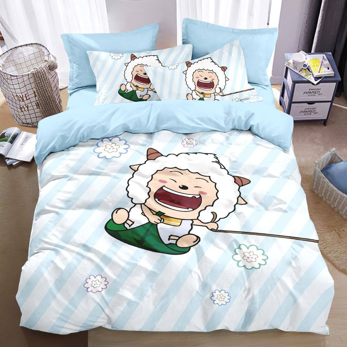 懒羊羊全棉卡通四件套卡通奥特曼儿童卧房三件套纯棉被套床单床笠