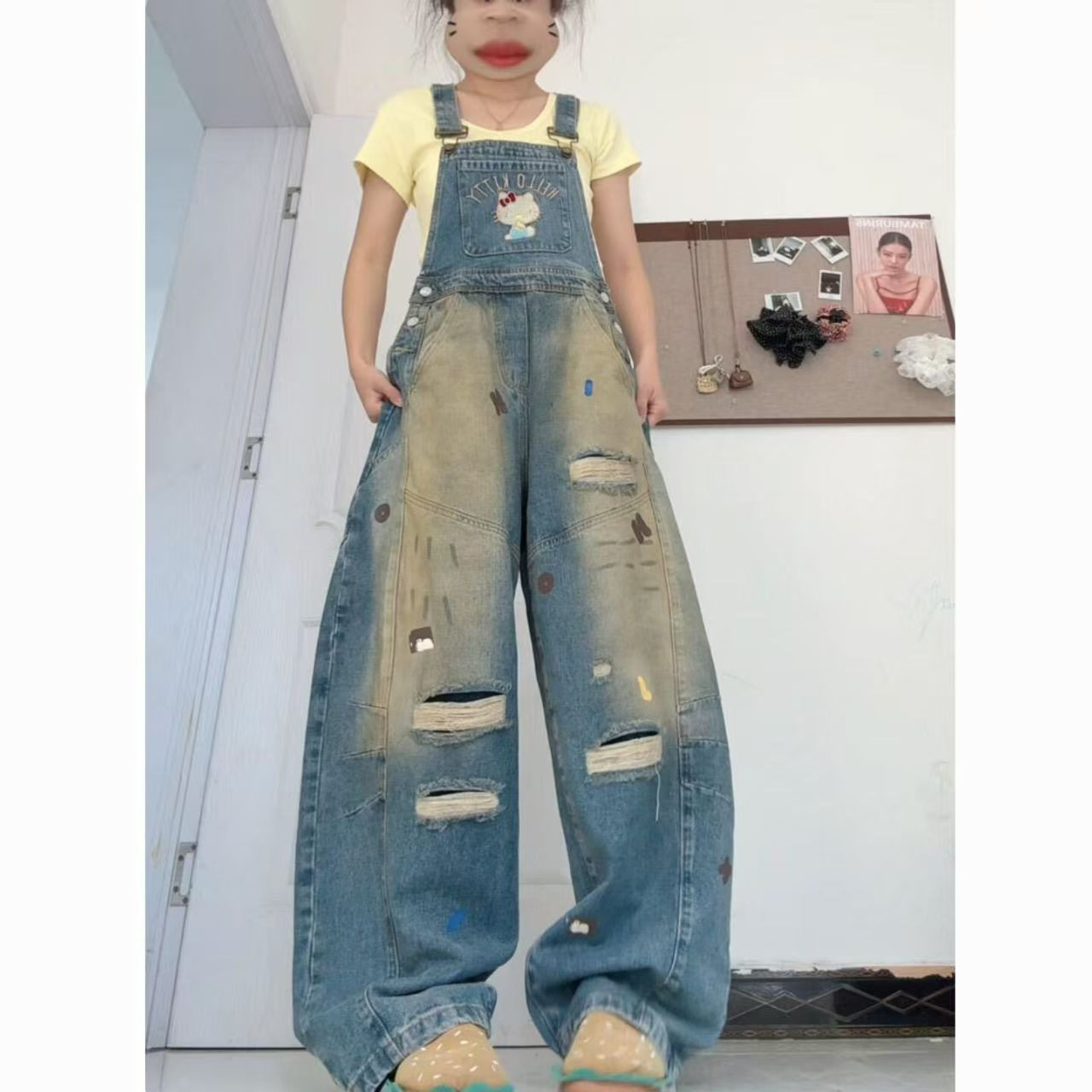美式高街BF慵懒女卡通刺绣牛仔裤