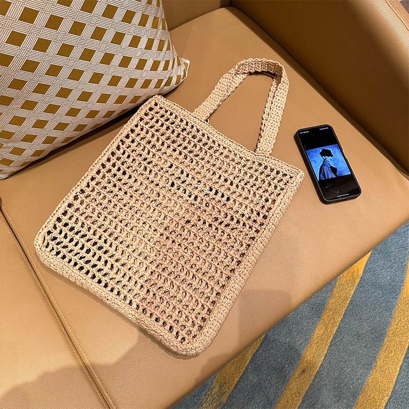 23S夏款度假风纯手工镂空拉菲草编织托特包 单肩印花网兜购物袋女