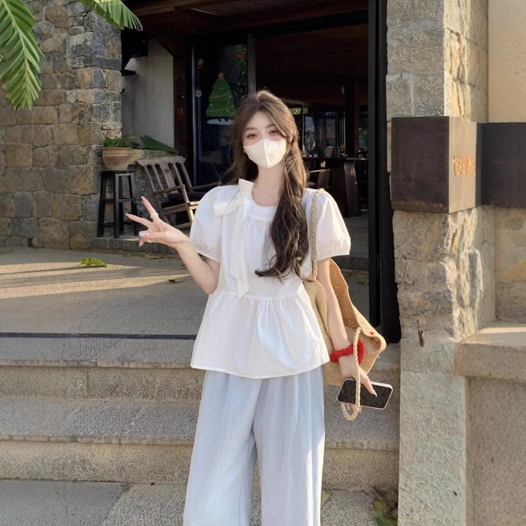 蝴蝶结蕾丝泡泡袖衬衫女夏季设计感压褶绑带衬衣的特别致绝美上衣