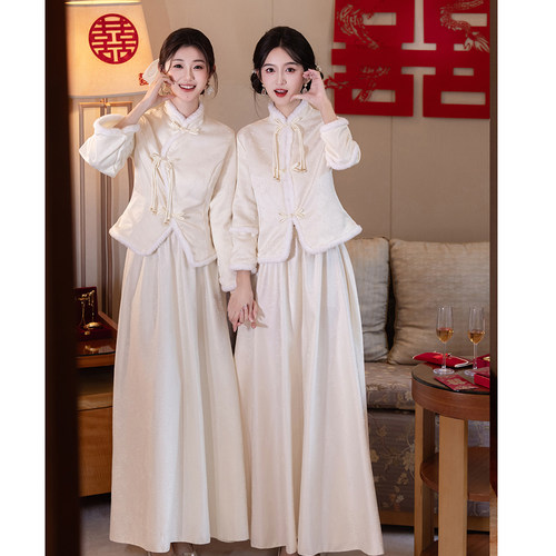 中式伴娘礼服姐妹团结婚礼服2026新品香槟色显瘦气质长袖加厚保暖