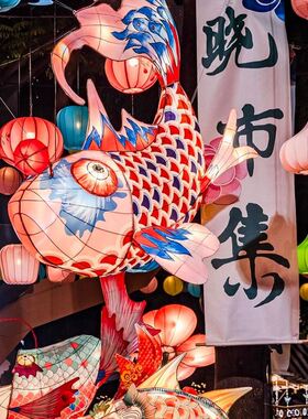 新中式手绘布艺圆形吊灯防水户外布古风中国非遗花灯鳌鱼灯笼花灯