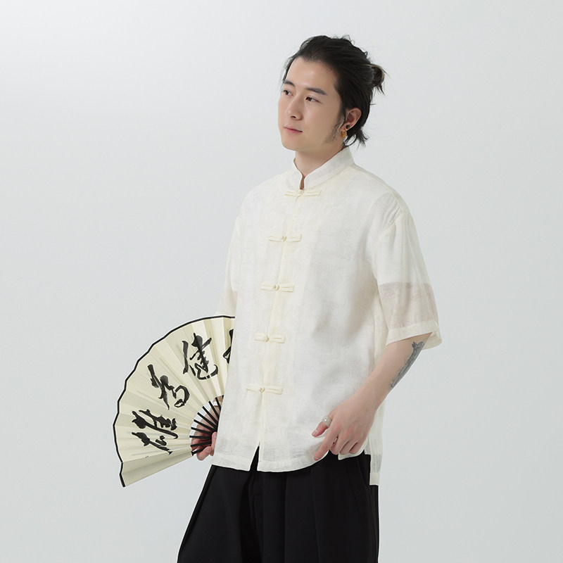 夏季薄款风男唐装立领宽松休闲短袖衬衫暗花套装A100-231-P65,男装民族服装,电商A100