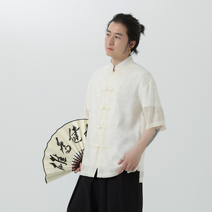 夏季薄款风男唐装立领宽松休闲短袖衬衫暗花套装A100-231-P65图片