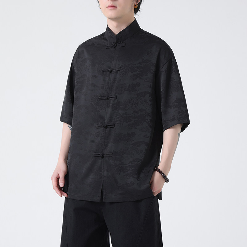 夏季薄款大码男士风唐装手工盘扣短袖衬衫A100-237-P65,男装衬衫,电商A100