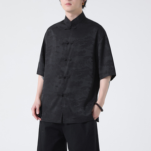 夏季薄款大码男士风唐装手工盘扣短袖衬衫A100-237-P65图片