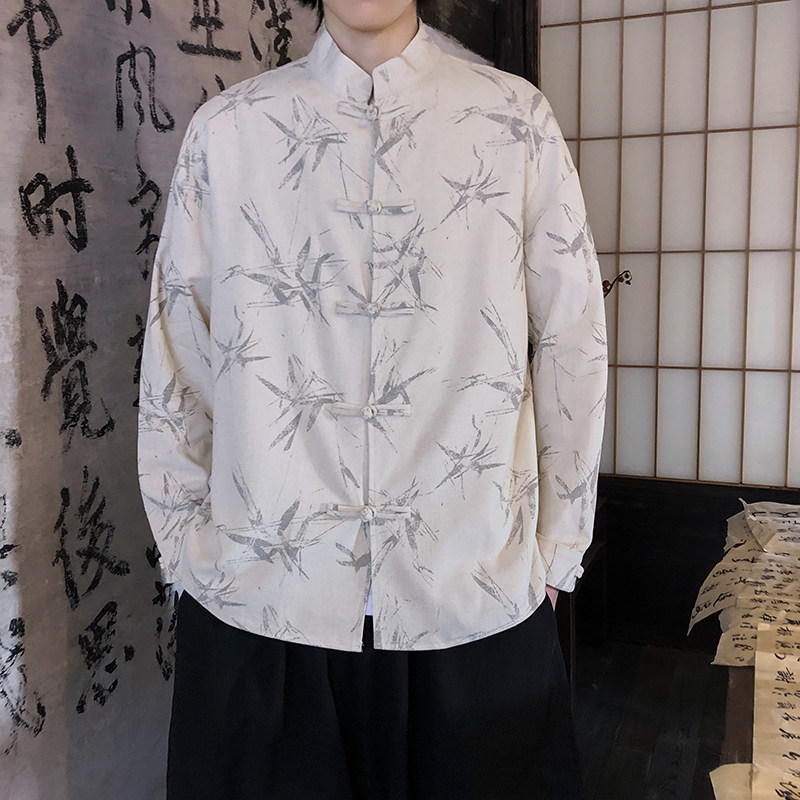 亚麻风新中式男式衬衫长袖印花竹子电商A100-M111-P85,男装衬衫,电商A100