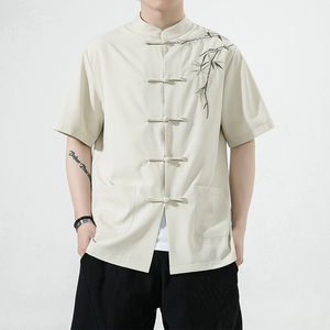 复古刺绣唐装男风夏季薄款冰丝短袖衬衫中式汉服宽松大码G103图片