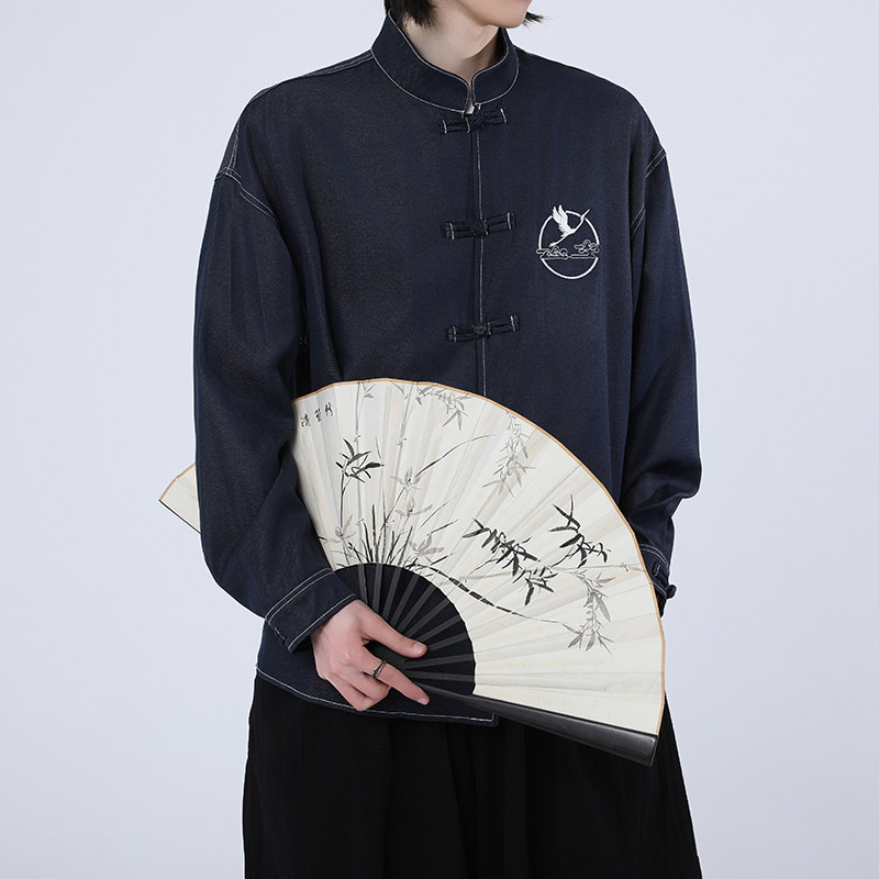 风新中式牛仔衬衫刺绣复古长袖上衣电商A100-C333-P65,男装衬衫,电商A100