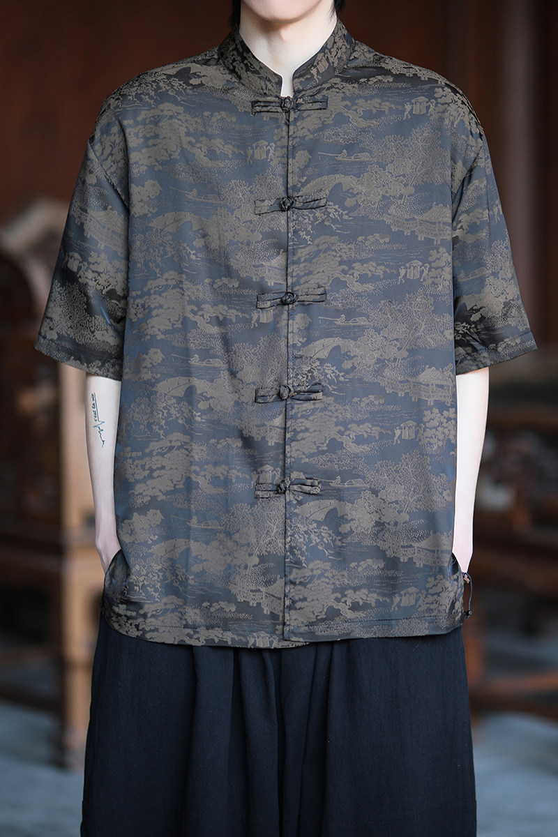 夏季薄款大码男士风唐装手工盘扣短袖衬衫A100-237-P65,男装民族服装,电商A100