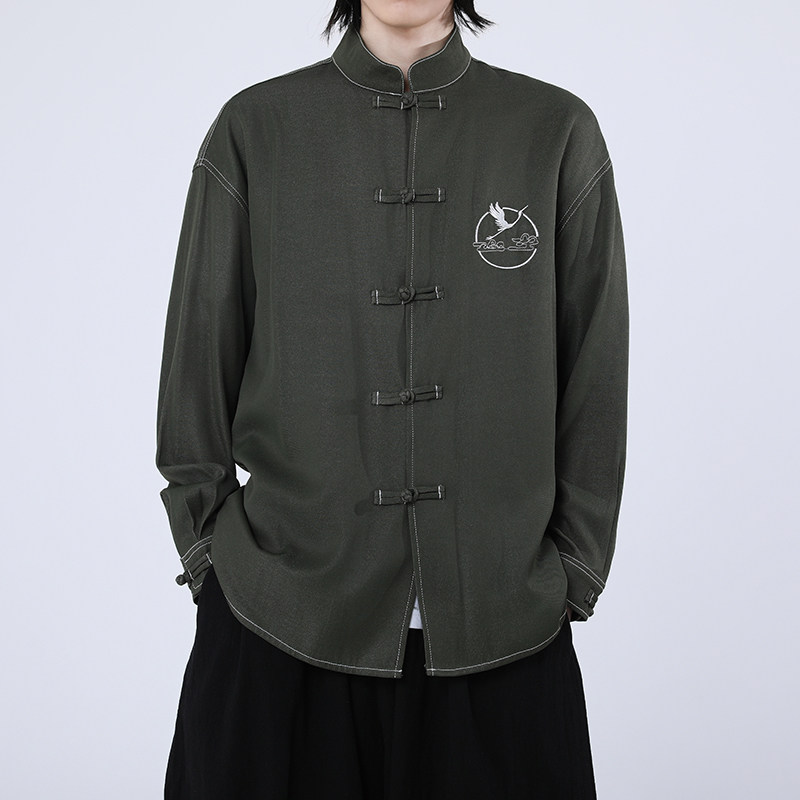 风新中式牛仔衬衫刺绣复古长袖上衣电商A100-C333-P65,男装衬衫,电商A100