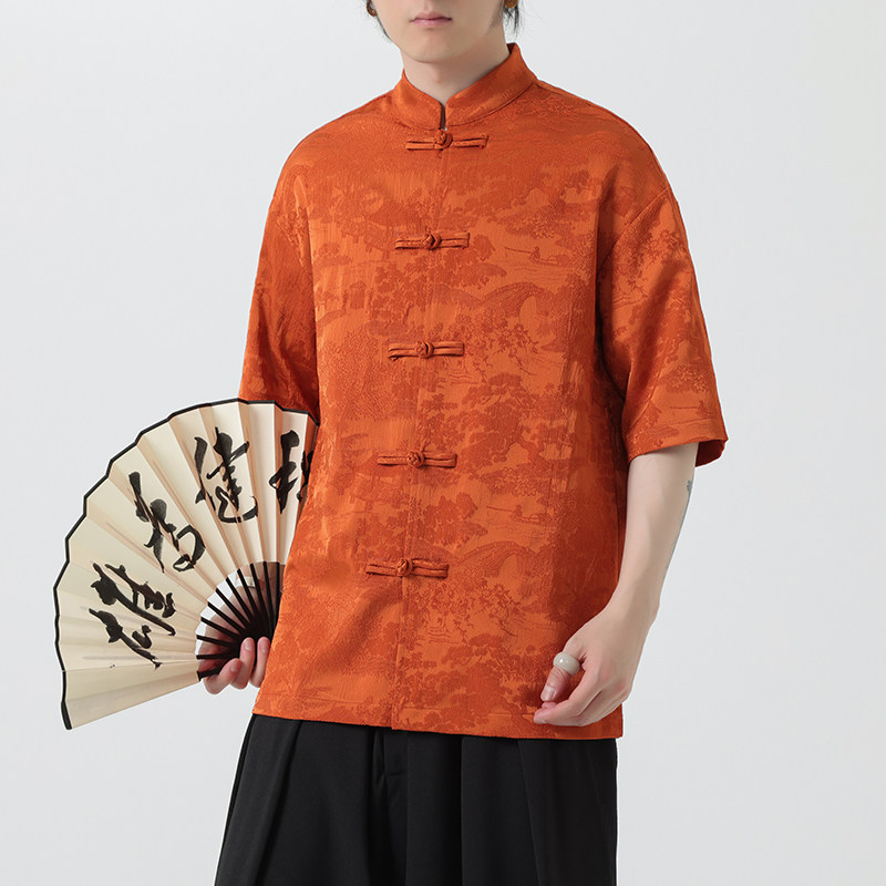 新中式盘扣唐装衬衫高级感短袖汉服暗纹立领中山装A00-239-P65,男装T恤,电商A100