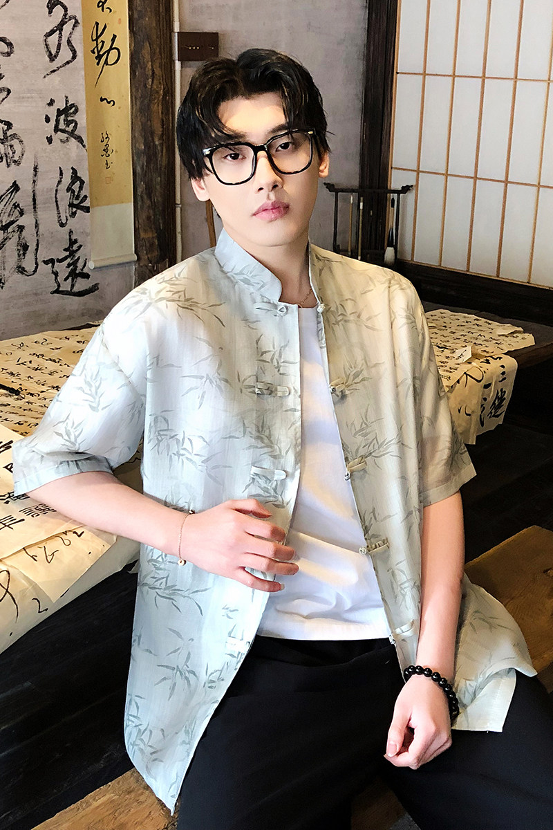 风新中式竹叶印花衬衫电商A100-C326-P65,男装衬衫,电商A100