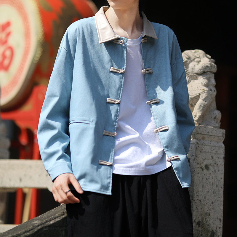 新中式牛仔唐装风长袖夹克复古盘扣宽松大码外套A100-C33-P75,男装夹克,电商A100
