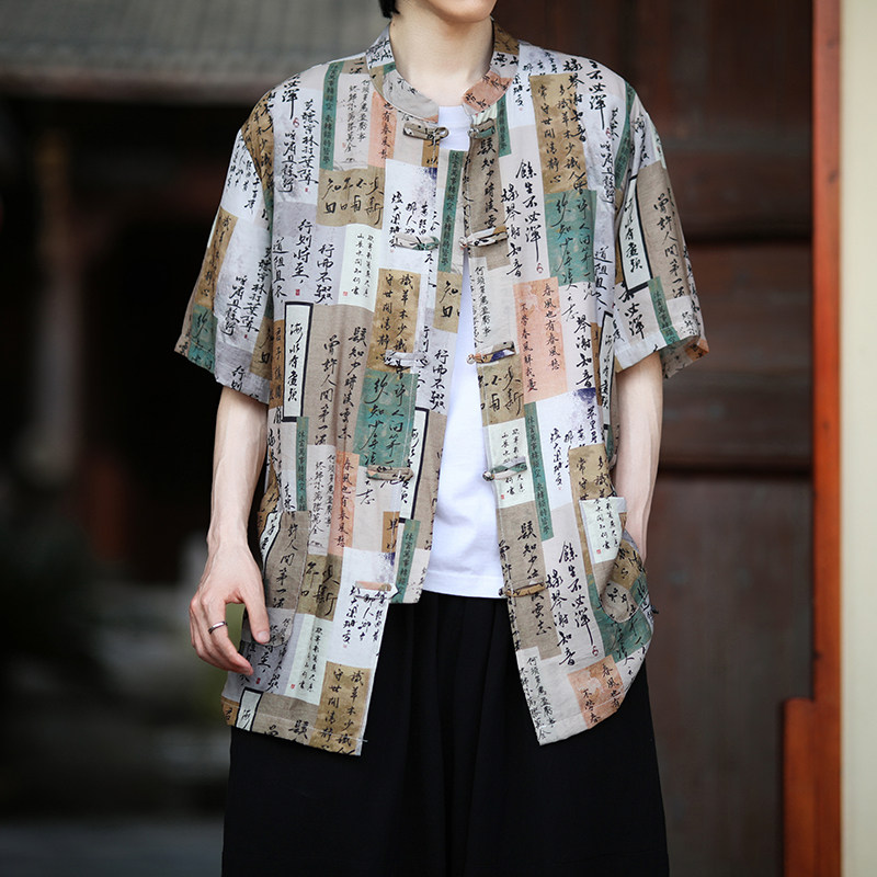 风夏季盘扣休闲短袖花衬衫潮流宽松青年衬衣A100-257-P55图片