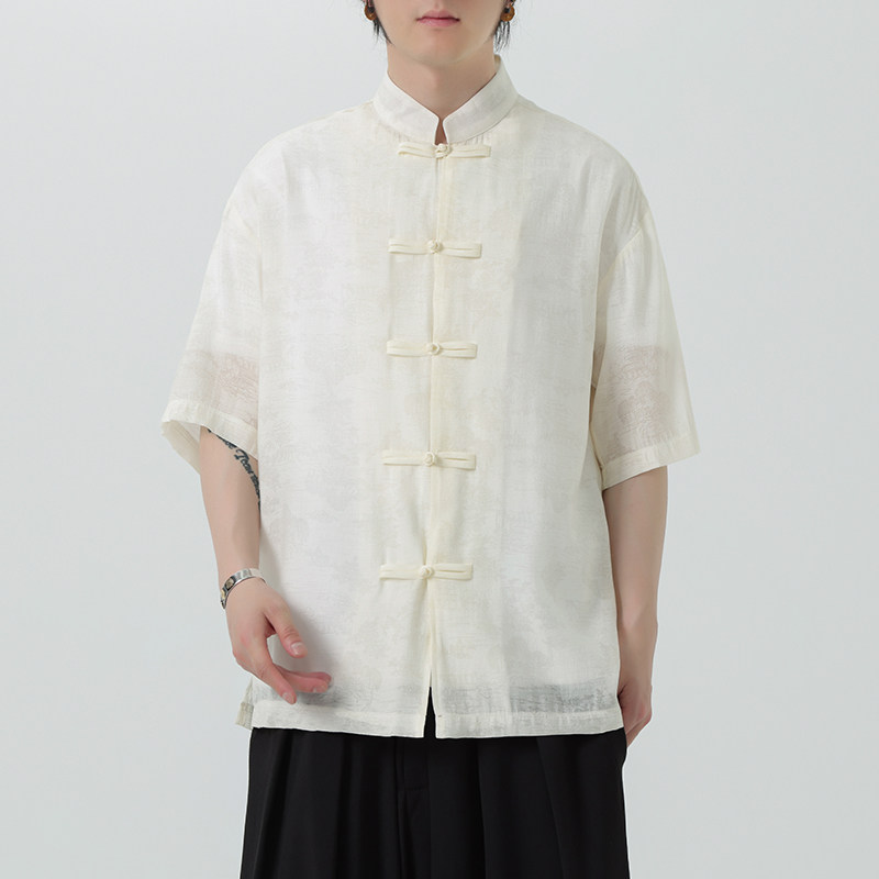 夏季薄款风男唐装立领宽松休闲短袖衬衫暗花套装A100-231-P65,男装民族服装,电商A100