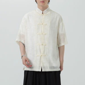 夏季薄款风男唐装立领宽松休闲短袖衬衫暗花套装A100-231-P65