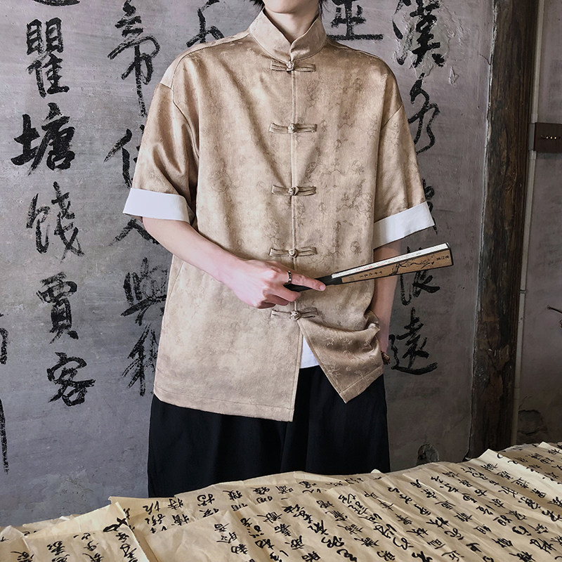 风新中式短袖盘扣衬衫压花复古上衣A100-C327-P65,男装衬衫,电商A100