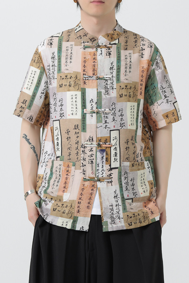 风夏季盘扣休闲短袖花衬衫潮流宽松青年衬衣A100-257-P55,男装衬衫,电商A100