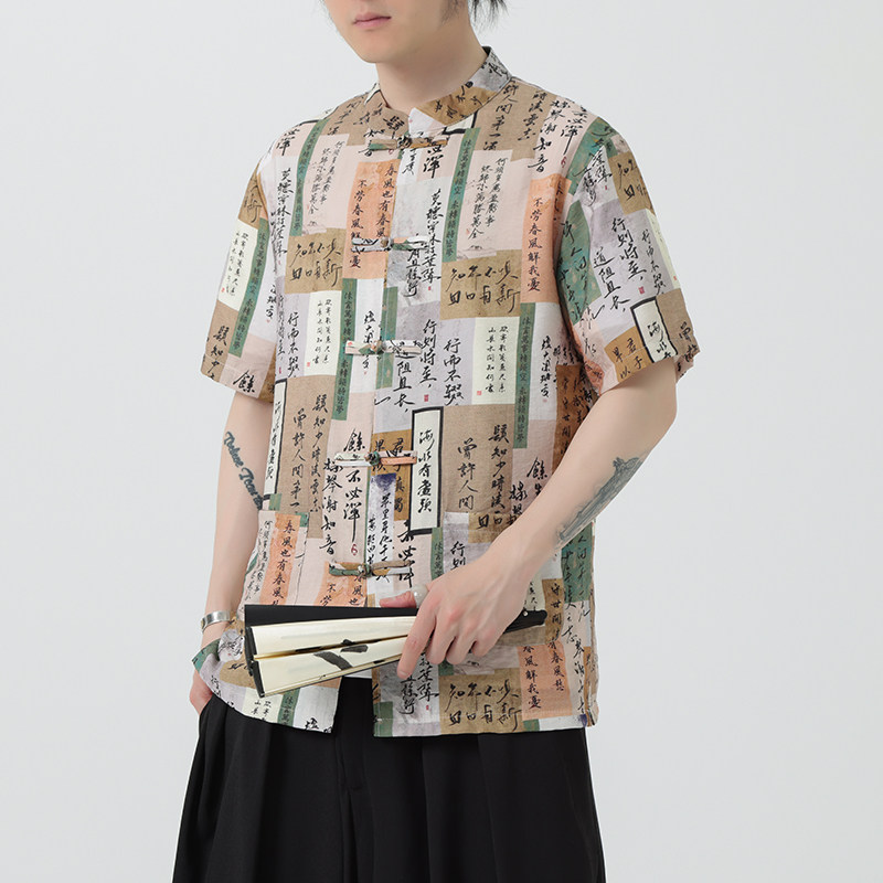 风夏季盘扣休闲短袖花衬衫潮流宽松青年衬衣A100-257-P55,男装衬衫,电商A100