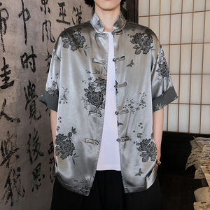 风新中式衬衫提花复古短袖盘扣撞色上衣A100-C328-P65图片