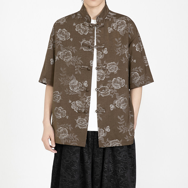 风中式牛仔提花短袖盘扣衬衫电商A100-2808-P75,男装T恤,电商A100