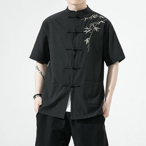复古刺绣唐装男风夏季薄款冰丝短袖衬衫中式汉服宽松大码G103图片