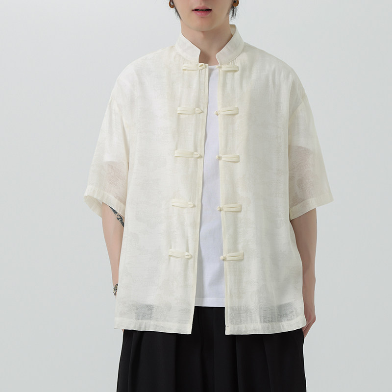 夏季薄款风男唐装立领宽松休闲短袖衬衫暗花套装A100-231-P65,男装民族服装,电商A100