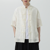 夏季薄款风男唐装立领宽松休闲短袖衬衫暗花套装A100-231-P65，男装民族服装，电商A100