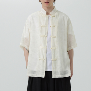 夏季薄款风男唐装立领宽松休闲短袖衬衫暗花套装A100-231-P65