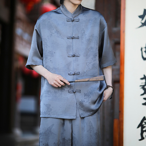 夏季薄款大码男士风唐装手工盘扣短袖衬衫A100-C330-P75图片