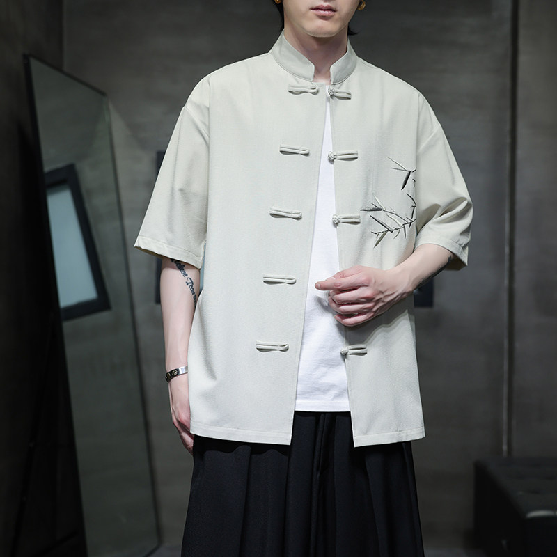 新中式唐装男风短衬衫复古刺绣汉服宽松大码电商A100-251-P65,男装民族服装,电商A100