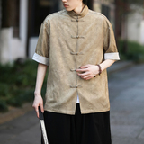 风新中式短袖盘扣衬衫压花复古上衣A100-C327-P65，男装T恤，电商A100