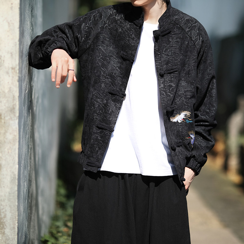 风大码灯芯绒龙纹暗纹盘扣立领新中式外套A100-A58-P50,男装民族服装,电商A100