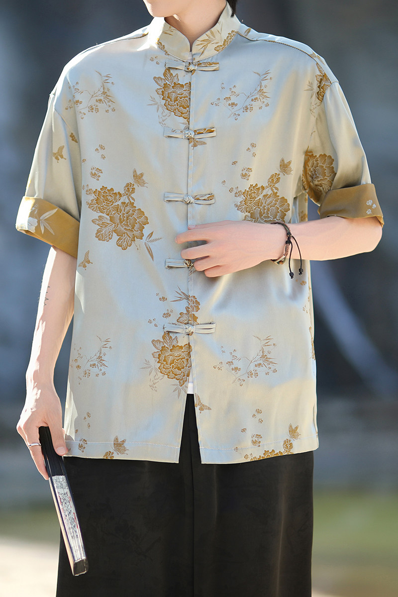 风新中式衬衫提花复古短袖盘扣撞色上衣A100-C328-P65,男装T恤,电商A100