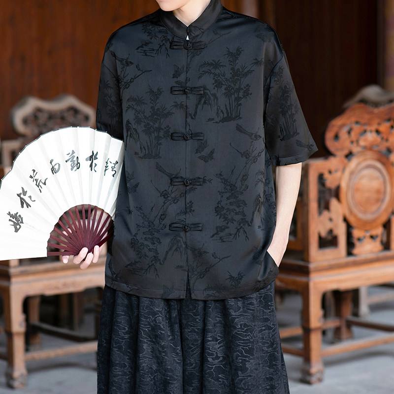 风男士提花短袖盘扣衬衫电商A100-2803-P60,男装T恤,电商A100