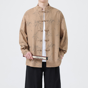 亚麻风新中式男式衬衫长袖印花竹子电商A100-M111-P85图片
