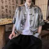 风新中式衬衫提花复古短袖盘扣撞色上衣A100-C328-P65，男装衬衫，电商A100