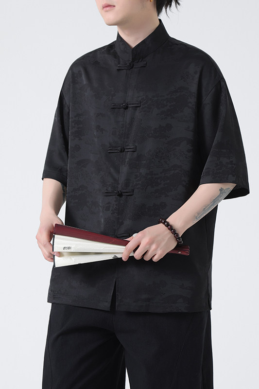 夏季薄款大码男士风唐装手工盘扣短袖衬衫A100-237-P65,男装T恤,电商A100